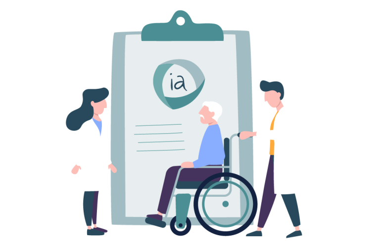En kvinne og en mann står foran en utklippstavle med IA-logoen på. Mannen triller på en rullestol. I rullestolen sitter en annen mann med hvitt hår. Illustrasjon.