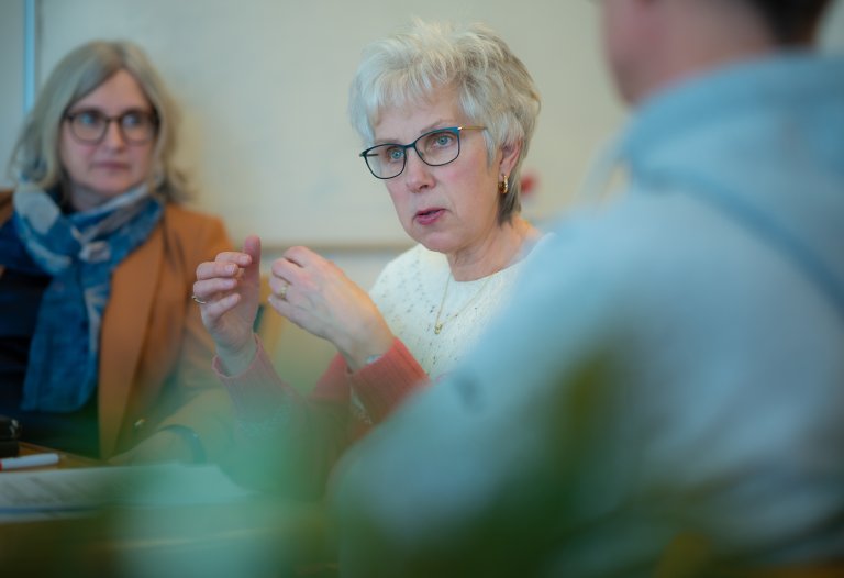 Foto av Anne Kristin Halvorsen. Hun har hvitt hår, og briller. I dette bildet er hun i ferd med å forklare noe, og gestikulerer mens hun ser på noen på den andre siden av bordet. I bakgrunnen av bildet sitter IA-rådgiver Else-Marit, og i forgrunnen sitter hovedverneombudet Christopher.