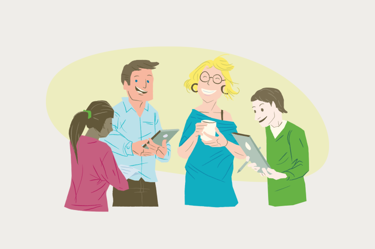 Illustrasjon av mennesker som samarbeider og smiler på arbeidsplassen